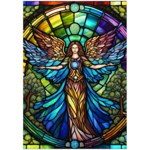 A Harmony's Embrace: A Symphony of Light & Life - 28x40 inch Aluminum Print featuring a woman with wings.