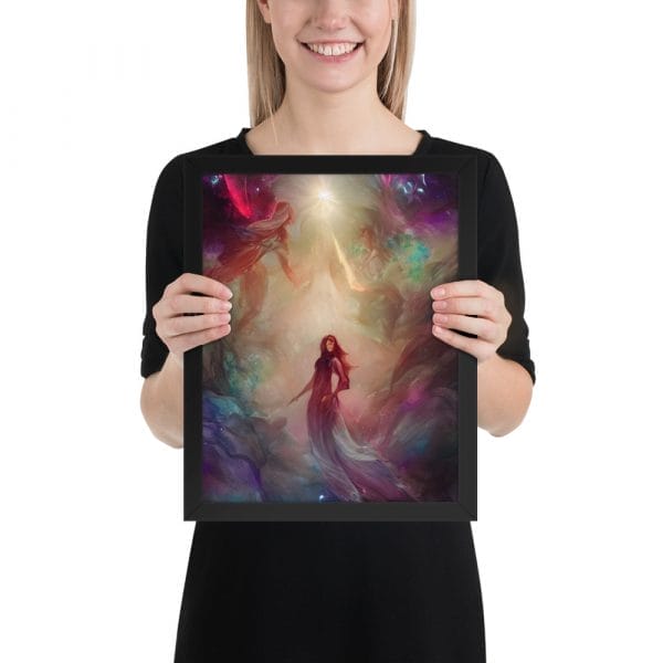 A woman confidently holds up "The Power Within" as a framed poster displaying affirmations of inner strength.