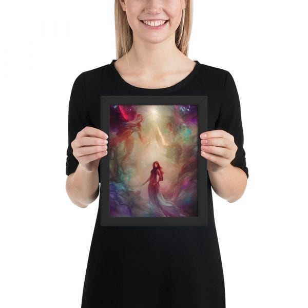 A woman displaying her inner strength as she holds up "The Power Within" as a Framed poster featuring the image of a mermaid.
