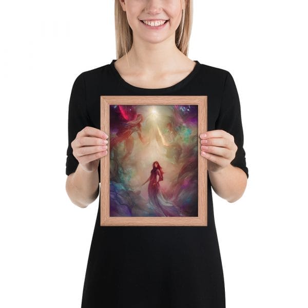 A woman holding up "The Power Within" framed art print with an image of a mermaid, radiating empowerment and inner strength.