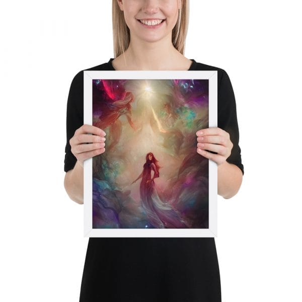 A woman proudly displaying "The Power Within" as a Framed poster capturing Inner Strength, depicting a woman soaring in the sky.