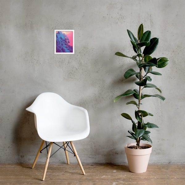 A white chair next to a plant in front of a concrete wall, with my ability to conquer my challenges is limitless - as a Framed poster.