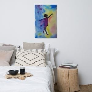 A bedroom with a ReachingMyDreams signature icon as a Metal print on the wall.