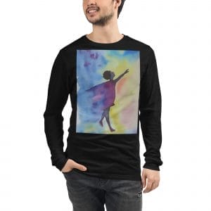 A ReachingMyDreams signature icon as a Unisex Long Sleeve Tee with a colorful painting of a girl.