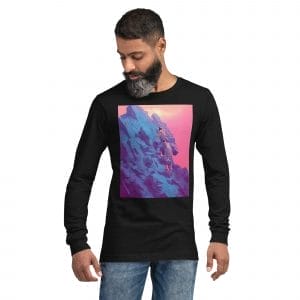 A man wearing a black long sleeve Unisex Tee with an image of a mountain.