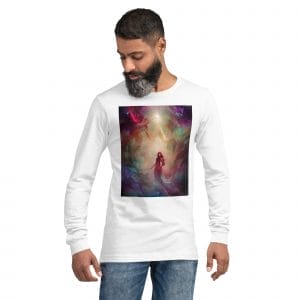 A man wearing The Power Within - Unisex Long Sleeve Tee, with an image of a man in space.