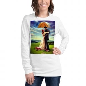 A woman wearing a white long sleeve t-shirt with an image of "Try to love what nobody else has thought to love” on a Unisex Long Sleeve Tee holding an umbrella.