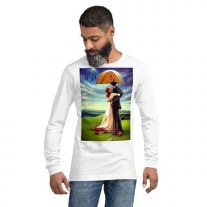A man wearing a white long sleeve t-shirt with the product name "Try to love what nobody else has thought to love" on a Unisex Long Sleeve Tee.
