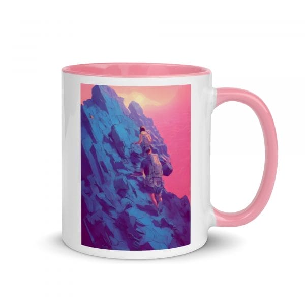 A pink and blue Mug with Color Inside with an image of a man climbing a mountain.