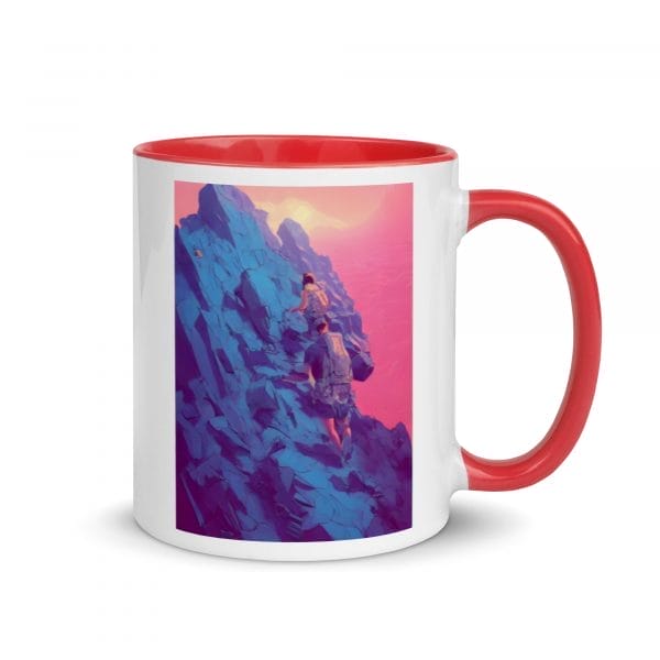 A red and blue My ability to conquer my challenges is limitless as a Mug with Color Inside with an image of a man on top of a mountain.