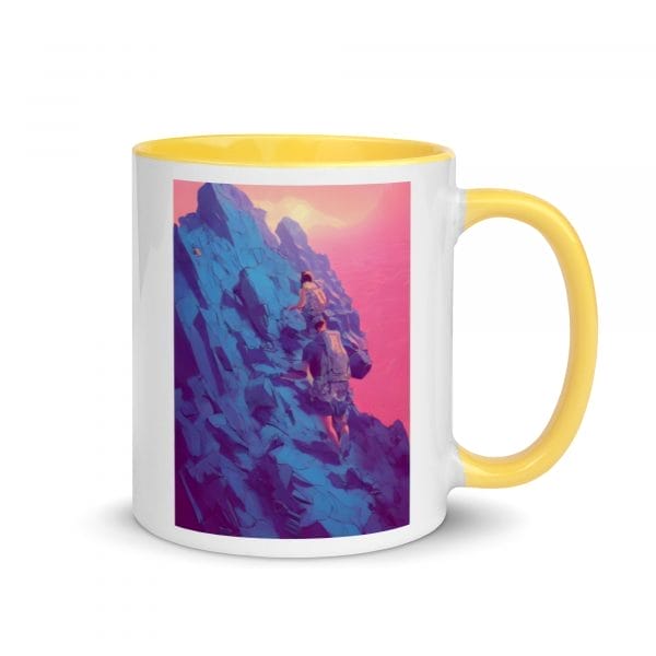 A "My ability to conquer my challenges is limitless as a Mug with Color Inside" with an image of a man climbing a mountain.