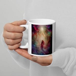 A woman holding The Power Within - White glossy mug with an image of an angel.