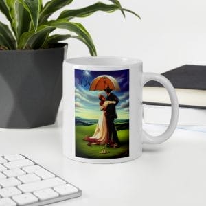 A "Try to love what nobody else has thought to love" on a White glossy mug with an image of a couple holding an umbrella.